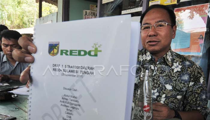 Ketua Startegi Nasional Satgas REDD+ (Reduksi Emisi dari Deforestasi dan Degradasi hutan dan lahan gambut Plus), Mubariq Ahmad (kanan) menunjukkan dokumen tentang persiapan kelembagaan REDD+ di Palu, Sulawesi tengah, Kamis (21/6). REDD+ menetapkan 15 propinsi di Indonesia sebagai kawasan impelementasi REDD+ karena 90 persen wilayahnya adalah hunian hutan. FOTO ANTARA/Basri Marzuki/Koz/nz/12.