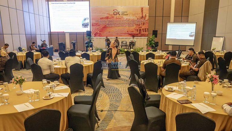 Direktur Kebijakan dan Dukungan Penyidikan Otoritas Jasa Keuangan (OJK) Wiwit Puspasari (tengah) memaparkan materinya pada Sosialisasi Tindak Pidana Sektor Jasa Keuangan di Palu, Sulawesi Tengah, Rabu (24/7/2024). (bmzIMAGES/Basri Marzuki)