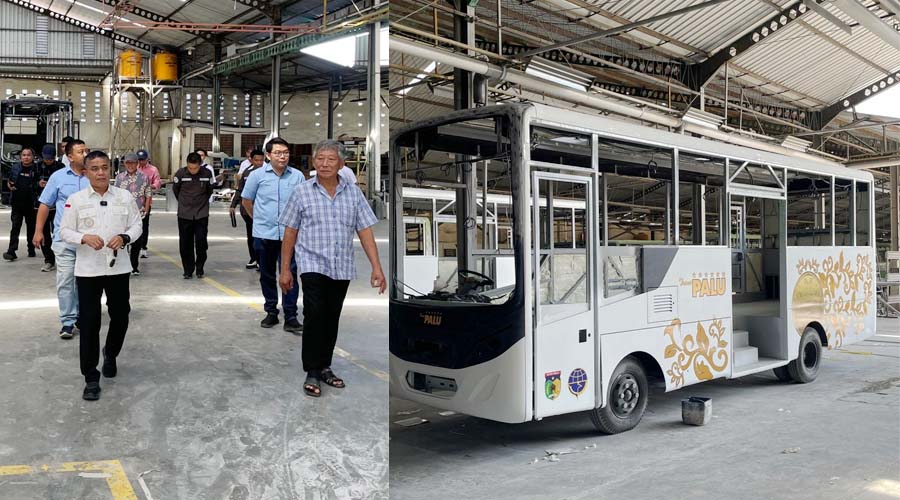 Wali Kota Palu, Hadianto Rasyid (kiri) meninjau perancangan Bus Trans Palu yang dijadwalkan beroeprasi pad aOktober 2024 mendatang di PT Tentrem Sejahtera, Malang, Jatim, Selasa (16/7/2024). (Foto: Prokopim Setda Kota Palu)
