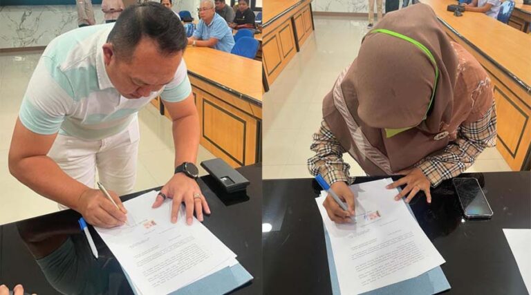 Pelaku usaha tambang meneken berita acara kesepakatan pemenuhan tangunng jawab sosial di Ruang Rapat Bantaya Kantor Wali Kota Palu, Kamis (4/7/2024). (Foto: Prokopim Setda Kota Palu/Jufri)