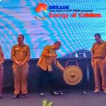 Sekretaris Direktorat Jenderal KSDAE, Suharyono memukul gong menandai pembukaan Semiloka 3 Dekade TNLL di Palu, Selasa (13/8/2024). (Foto: ist)