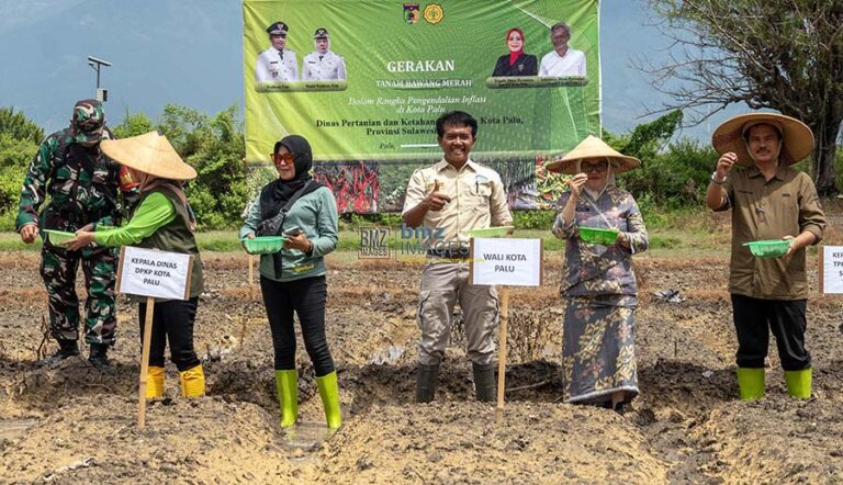 Wali Kota Palu diwakili Sekkot Palu, Irmayanti (kedua kanan) bersama Kepala Dinas Pertanian dan Ketahanan Pangan Kota Palu, Assharini Mastura (kedua kiri), Kabid Hortikulturan Dinas Tanaman Pangan dan Hortikultura Provinsi Sulteng, Mahrudin (kanan) dan PPL Kelurahan Kawatuna, I Made Sutiyasa (ketiga kanan), dan Bainsa Kawatuna mengangkat bibit bawang merah sebelum ditanam pada Gerakan Tanam bawang merah di Kelurahan kawatuna Palu, Kamis (8/8/2024). (Foto: bmzIMAGES/bmz)