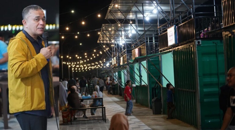 Kawasan kuliner di bantaran Sungai Palu di Kalikoa yang diresmikan Wali Kota Palu, Hadianto Rasyid (inset, Jumat (30/8/2024). Foto( Prokopimda Palu/Iwan)