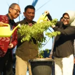 Plh Wali Kota Palu, Irmayanti (kedua kanan) menyiram tanaman cabai menandai peluncuran Program Tim Pengendalian Inflasi Daerah Mandiri Tangguh Pangan pada konser MovinAhead di lapangan Vatulemo, Juamt (27/9/2024) malam. (Foto: Prokopim Kota Palu/Jufri)