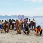 Aksi penanaman mangrove di pantai Kelurahan Baiya Palu memperingati hari maritim Nasional dan HUT ke-79 TNI. (Foto: Prokopimda Palu/Imron)
