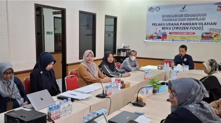 Kepala Balai POM Palu, Mardianto (tengah) menyampaikan materi pada sosialisasi keamanan pangan dan regulasi bagi distributor frozen fod di Palu, Senin (11/11/2024). (Foto: HO-BPOM Palu)