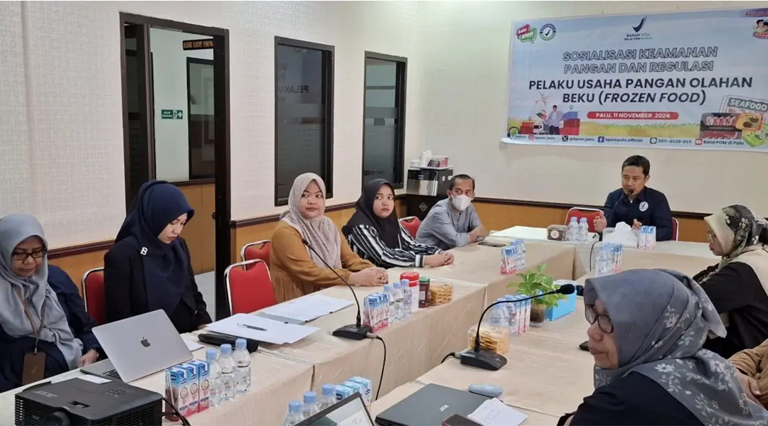 Kepala Balai POM Palu, Mardianto (tengah) menyampaikan materi pada sosialisasi keamanan pangan dan regulasi bagi distributor frozen fod di Palu, Senin (11/11/2024). (Foto: HO-BPOM Palu)