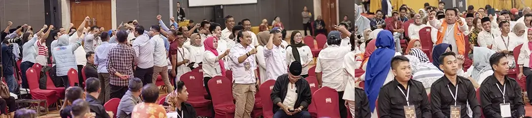 Para pendukung tiap paslon meneriakkan yel-yel pada kesempatan akhir segmen debat kedua Pilwakot Palu di palu, Kamis (7/11/2024). (Foto: beritapalu/bmz)