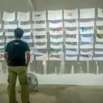 Pengunjung mengamati berbagai tulisan cerita dan gambar dari anak-anak pada pameran bertajuk Yang Kitorang Rasa Waktu Gempa di Palu, Sulawesi Tengah, Senin (4/11/2024). (bmzIMAGES/Basri Marzuki)
