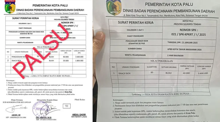 Surat order makanan palsu yang mengatasnamakan Kantor Bappeda Kota Palu. (Foto: Bappeda Kota Palu)
