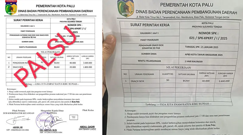 Surat order makanan palsu yang mengatasnamakan Kantor Bappeda Kota Palu. (Foto: Bappeda Kota Palu)