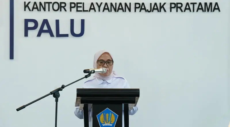 Sekkot Palu, Irmayanti menyampaikan sambutan pad aTax Gathering KPP Palu, Rabu (5/2/2025). (Foto: Prokopim Stda Kota Palu/Jufri)