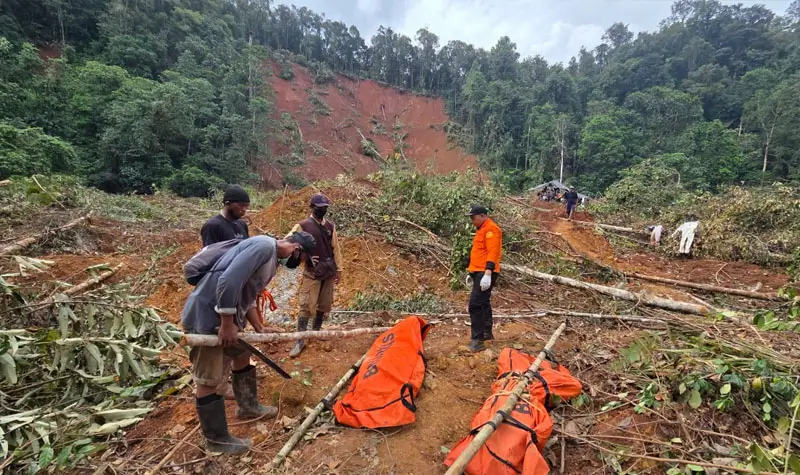 Tim SAR Gabungan mengevakuasi dua korban yang ditemukan meninggal paa longsor di Anutapura, Bolano, Parigi Moutong, Senin (23/6/2025). (Foto: Basarnas Palu)
