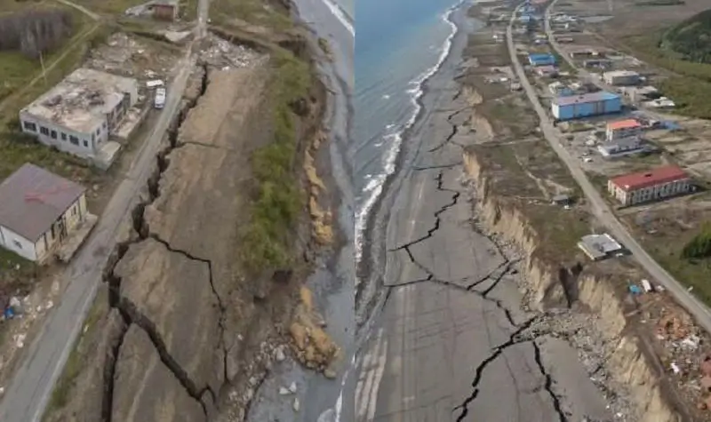 Jalan retak akibat gempa Gempa bumi yang mengguncang Kamchatka, Rusia bagian Timur, Rabu (30/7/2025) waktu setempat dengan kekuatan 8,8 skala Richter. (@TribunNews.com)