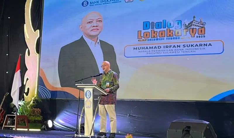 Kepala Perwakilan BI SUlteng, Irfan Sukarna pada Dialog dan Lokakarya "BERANI Harmoni Wujudkan Industri Pariwisata & Ekonomi Kreatif Sulawesi Tengah Berkelanjutan dan Inklusif" di Palu, Selasa (5/8/2025). (©globalsulteng.cim/Rian)