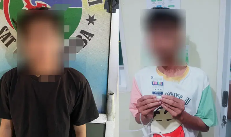 Dua tersangka kasus tembakau sintetis dan ganja yang ditangkap Satresnarkoba Polresta Palu, Selasa (12/8/2025). (©Humas Polresta Palu)