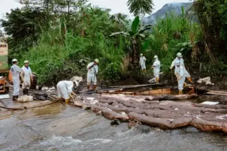 Petugas masih terus berjibaku untuk menghentikan minyak yang keluar dari pipa yang bocor di Desa Towuti, Luwu Timur, Sulsel, Selasa (26/8/2025). (©PT Vale), Selasa