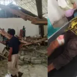 Kondisi Gereja Elim Desa Masani pascagempa dan salah seorang korban yang terluka akibat reruntuhan, Minggu (17/8/2025). (©Lanto Pudjalemba)