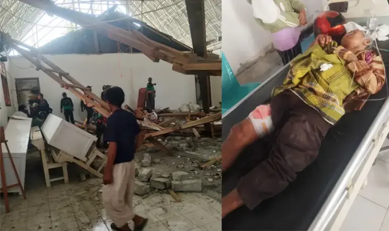 Kondisi Gereja Elim Desa Masani pascagempa dan salah seorang korban yang terluka akibat reruntuhan, Minggu (17/8/2025). (©Lanto Pudjalemba)