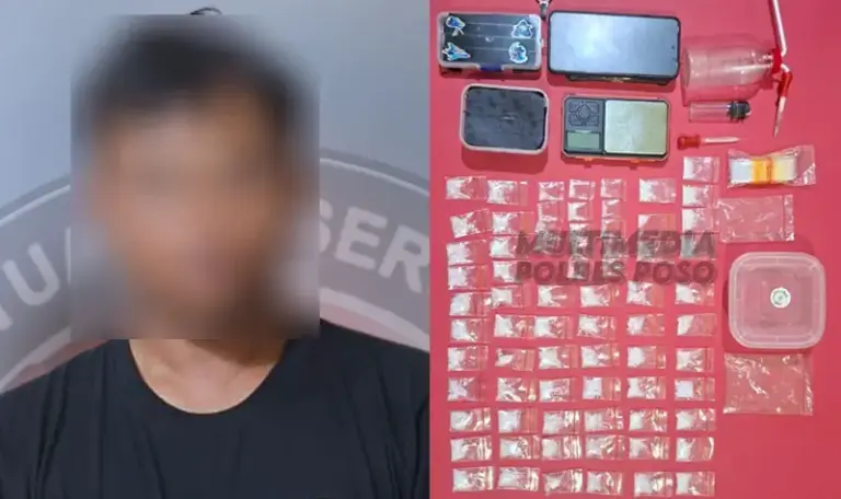 AK alias P beserta barang bukti sabu yang disita Satresnarkoba Polres Poso, Senin (25/8/2025) . (©Humas Polres Poso)