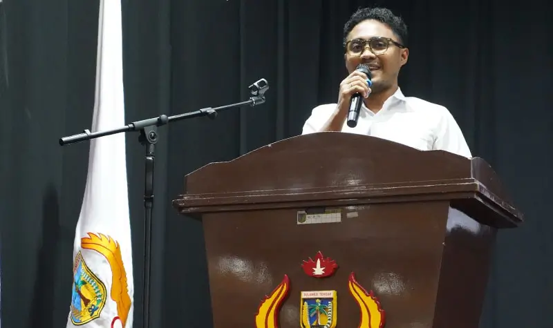 Fathur Razaq Anwar menyampaikan sambutan usai terpilih secara aklamasi pada Musprov XIV KONI Sulteng di Palu, Selasa (16/9/2025)(. (©panitia Musprov)