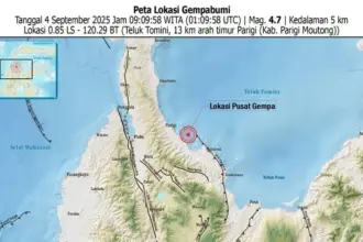 Koordinta titik pusat gempa di Parigi Moutong pada Kamis (4/9/2025). (©BMKG)
