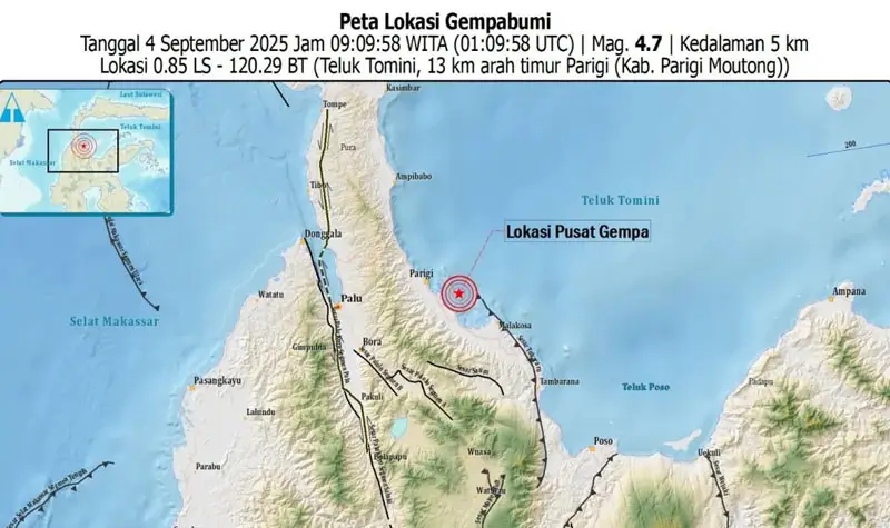 Koordinta titik pusat gempa di Parigi Moutong pada Kamis (4/9/2025). (©BMKG)