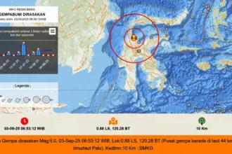 Gempa 5.0 pada Rabu (3/9/2025) pukul 06.53 Wita. Bertitik pusat 44 kilometer timur laut Kota Palu pada kedalaman 10 km. Tidak berpotensi tsunami. (©BMKG)