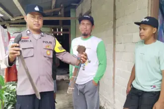 Petugas menunjukkan sebilah parang yang digunakan seorang ayah menebas anak tirinya hingga telingan nyaris putus di Desa Torue, parigi Moutong, Senin (8/9/2025). (©Humas Polres Parimo)