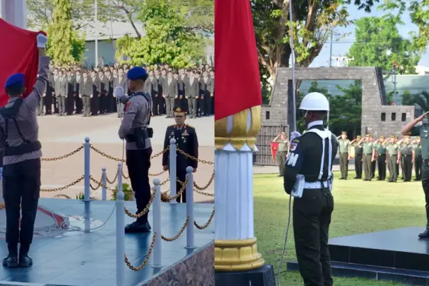 Kanan: Wakapolda Sulteng Brigjen Pol Helmi Kwarta Kusuma Putra Rauf. Kiri: Irdam Kodam XXIII?Palaka Wira Brigjen TNI Deni Rejeki memimpni upacara peringatan Hari Sumpah Pemuda di Palu, Selasa (28/10/2025). (©Humas POlda Sulteng/Pendam 23/PW)