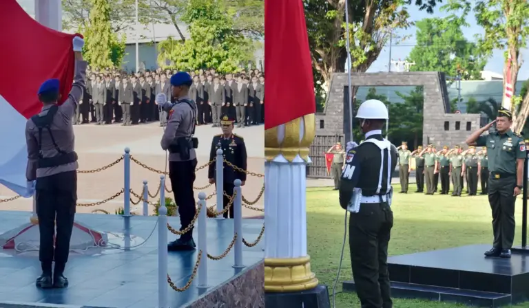 Kanan: Wakapolda Sulteng Brigjen Pol Helmi Kwarta Kusuma Putra Rauf. Kiri: Irdam Kodam XXIII?Palaka Wira Brigjen TNI Deni Rejeki memimpni upacara peringatan Hari Sumpah Pemuda di Palu, Selasa (28/10/2025). (©Humas POlda Sulteng/Pendam 23/PW)