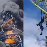 dua pekerja berada di atas scrubber PT SLNC saat terjadi kebakaran di kawasan PT IMIP, Morowali, Minggu (12/10/2025). (© tangkapan layar FB)