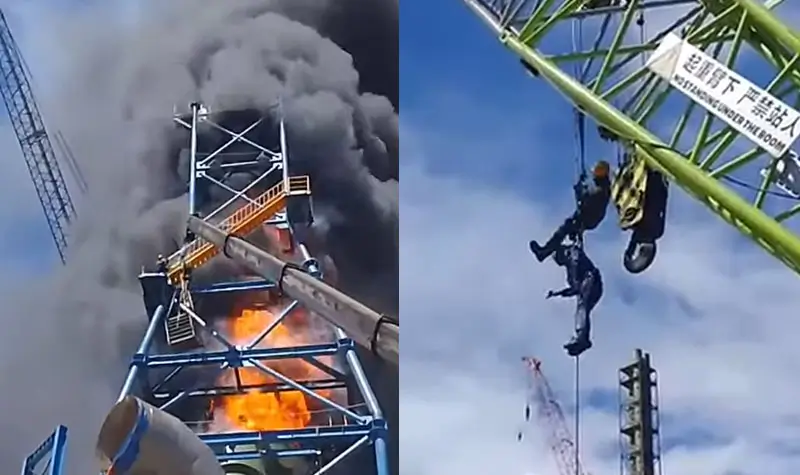 dua pekerja berada di atas scrubber PT SLNC saat terjadi kebakaran di kawasan PT IMIP, Morowali, Minggu (12/10/2025). (© tangkapan layar FB)