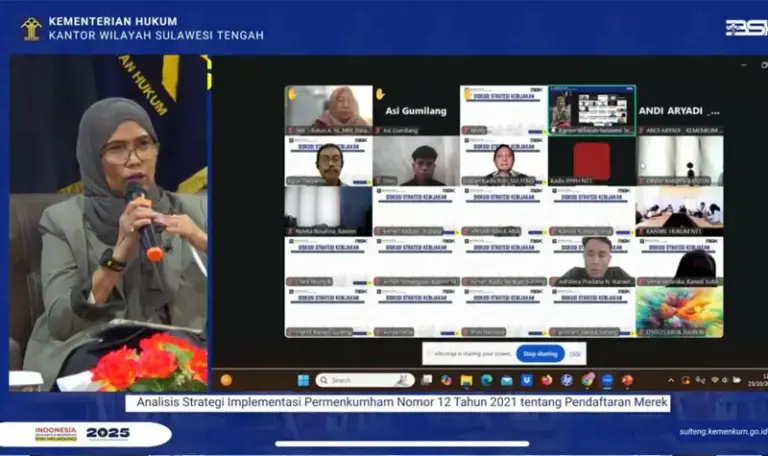 Dr Adfiyanti Fadjar pada diskusi strategi kebijakan implementasi Permenkumham 12/2021. (©Kemenkum Sulteng)