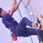 Atlet panjat tebing Sulteng, Ariayawan Yalesyudha Widodo, pada final kategori lead putra POPNAS XVII 2025 di Cibubur Youth Elite Sport Center (CYESC), Jakarta. (©FPTI Sulteng)