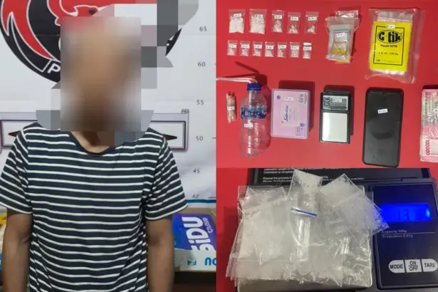 Tersangak MS dan barang bukti sabu yang berhasil disita Polisi di Tavanjuka, Sabtu (8/11/2025). (©Humas Polresta Palu)