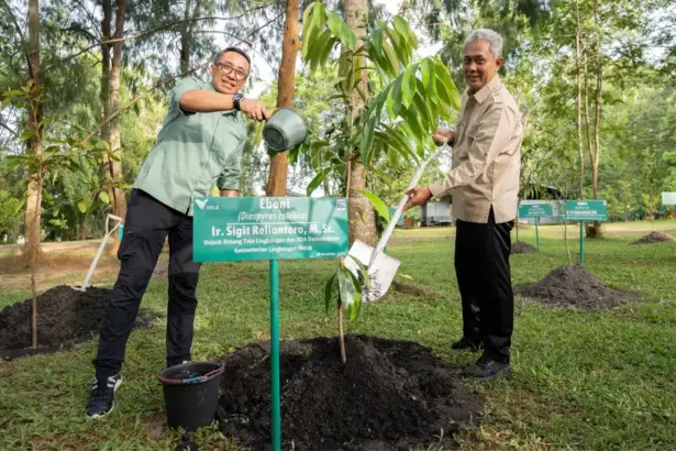 Deputi Bidang Tata Lingkungan dan Sumber Daya Alam Berkelanjutan KLH, Sigit Reliantoro menanam pohon di Taman Kehati Pt Vale Indonesia di Soroako, Luwu Timur. (©PT Vale Indonesia)