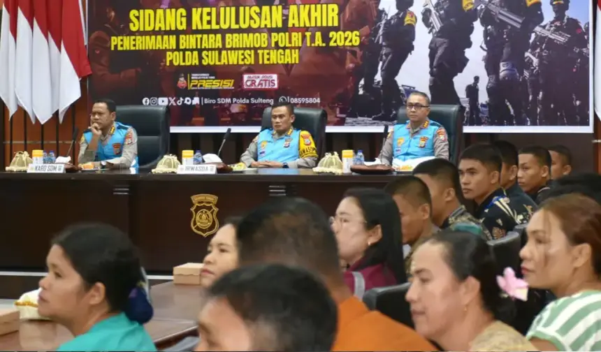 Sidang Kelulusan Akhir Penerimaan Bintara Brimob Polri Tahun Anggaran 2026 di Aula Rupatama Lantai II Polda Sulteng, Selasa sore (23/12/2025). (©Humas Polda Sulteng)
