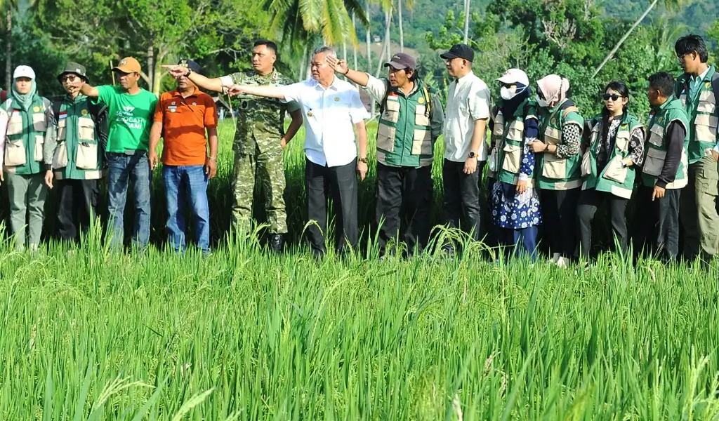 Pangdam XXIII/Palaka Wira Mayjen TNI Jonathan Binsar Parluhutan Sianipar bersama Bupati Sigi Muh Rizal Intjenae meninjau lahan sawah yang sudah siao panen raya di Gumbasa, Sigi, Jumat (23/1/2026). (©Pendam23)