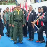 Kepala Staf Kodam (Kasdam) XXIII/Palaka Wira Brigjen TNI Agus Sasmita (tengah pad apembukaan Pencak SIlat Militer Open Tournament di GBK Palu, Senin (2/2/2026). (©Pendam23)