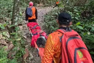 Nenek Saripah dievakuasi tim SAR saat ditemukan selamat setelah dinyatakan hilang selama 6 hari di Desa Walatana, Sigi, Jumat (27/2/2026). (©Basarnas Palu)