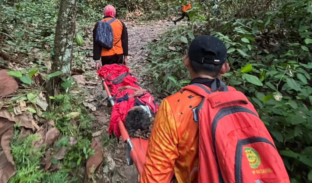 Nenek Saripah dievakuasi tim SAR saat ditemukan selamat setelah dinyatakan hilang selama 6 hari di Desa Walatana, Sigi, Jumat (27/2/2026). (©Basarnas Palu)