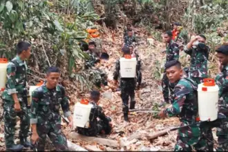 Sejumlah personel gabungan serentak berusaha memadamkan api yang membakar lahan di parimo, Minggu (8/2/2026). (©Pendam23)