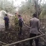 Aparat kepolisian bersama warga berusaha memadamkan api yang mebakar lahan warga di Desa Bamabalemo Parimo, Jumat (27/2/2026). (©HUmas Polres Parimo)