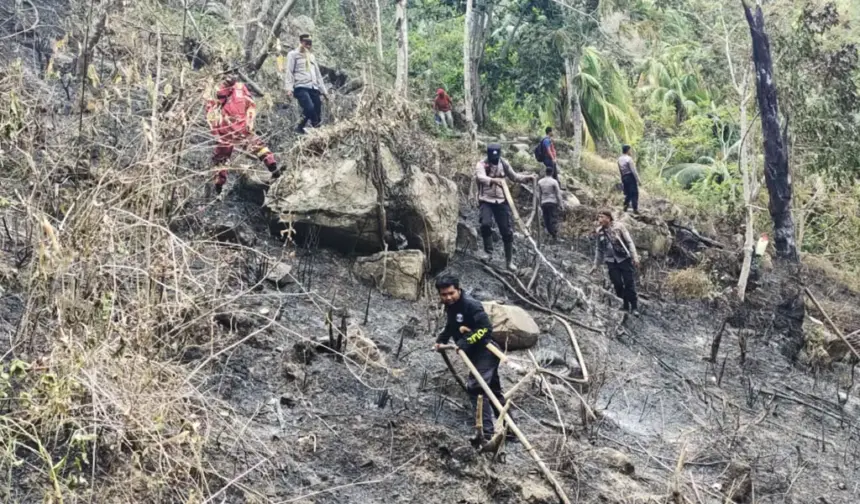 Sejumlah prsonel Polres Parimo turun tangan membantu memadamkan kebakaran lahan di Desa Uwevolo, Parimo, Jumat (6/2/2026) (©Humas Polres Parimo)