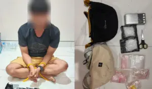 A alias U bersama barang bukti sabu yang disita aparat Ditresnarkoba Polda SUlteng, Rabu (11/3/2026). (©Ditresnarkoba Polda Sulteng)