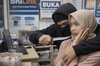 Ilustrasi perampokan di konter BRIlink. (©AI Generative)