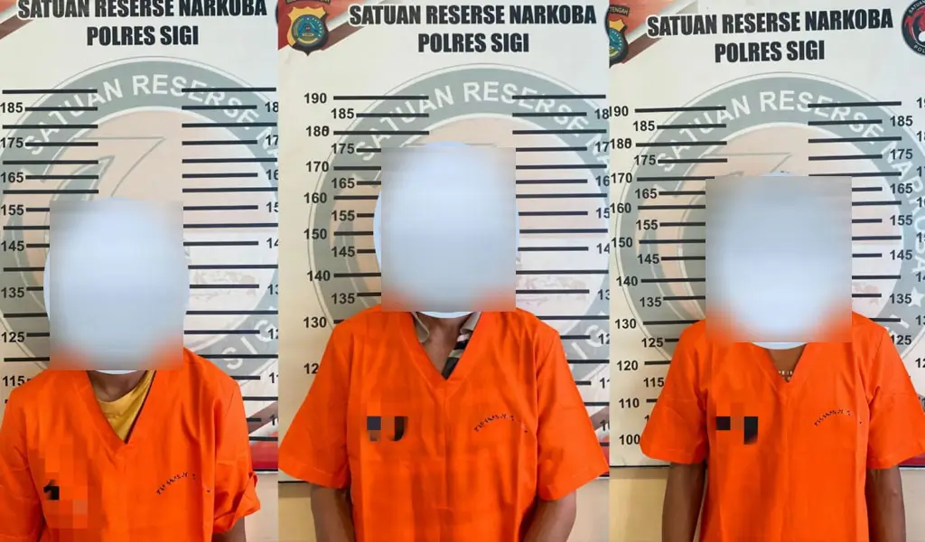 Tiga tersangka kasus peredaran narkoba di Palolo, Sigi. (©Humas Polres Sigi)
