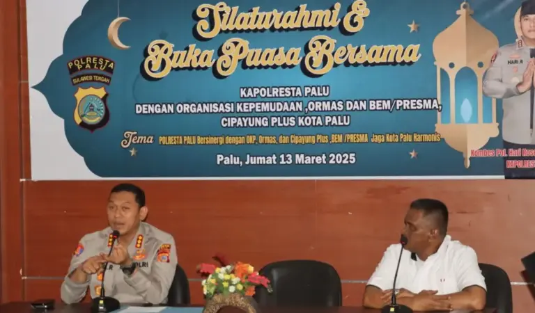 Kapolresta Palu Kombes Pol Hari Rosena pada sialturahmi dan buka puasa bersama ormas pemuda dan mahasiswa di palu, Jumat (13/3/2026). (©Hums Polresta Palu)