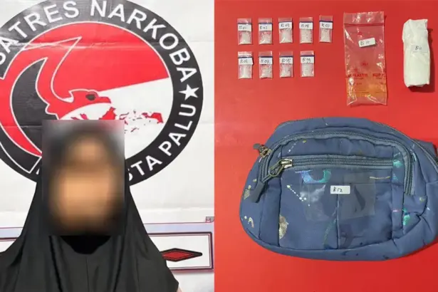 Perempuan LBB (59) berama barang bukti yang disita Satresnarkoba Polresta Palu, Rabu (4/3/2026). (©Humas Polresta Palu)